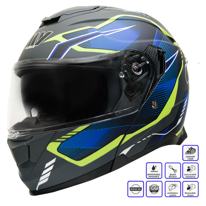 GP Kompozit MY HELMET MKS002-EGBY Modular Full Face Motorcycle Helmet with Race Spoiler and Flip Up Dual Visor ABS Shell Helmet ECE R 22.06 and DOT Approved