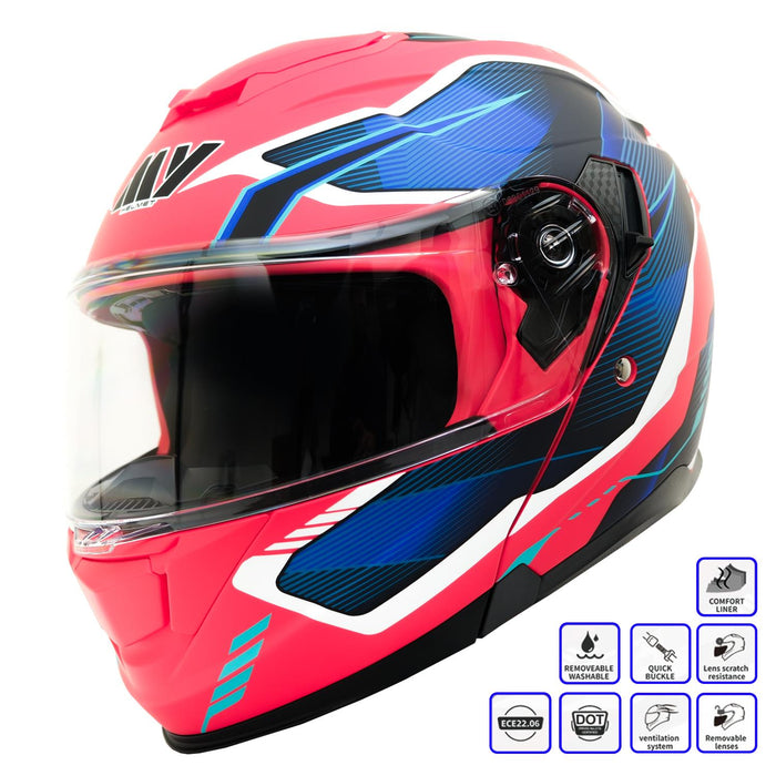 GP Kompozit MY HELMET MKS002-RBW Modular Full Face Motorcycle Helmet with Race Spoiler and Flip Up Dual Visor ABS Shell Helmet ECE R 22.06 and DOT Approved