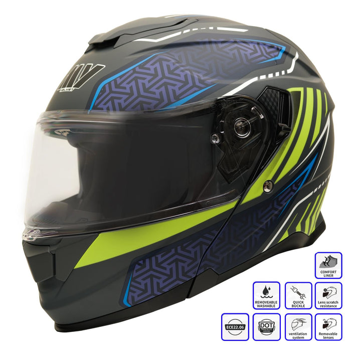 GP Kompozit MY HELMET MKS002-RGBY Modular Full Face Motorcycle Helmet with Race Spoiler and Flip Up Dual Visor ABS Shell Helmet ECE R 22.06 and DOT Approved