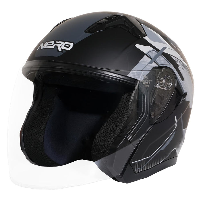 GP NERO MKS006-MBC3G Open Face Motorcycle Helmet with Clear Visor – Matte Black Gray