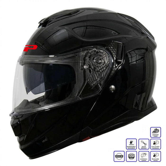 GP Kompozit MKS007-GB Flip-Up Motorcycle Helmet with Sun Visor & Clear Chin Guard – Bright Black