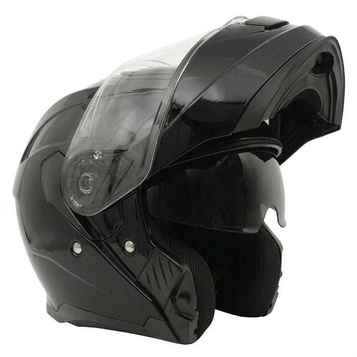 GP Kompozit MKS007-GB Flip-Up Motorcycle Helmet with Sun Visor & Clear Chin Guard – Bright Black