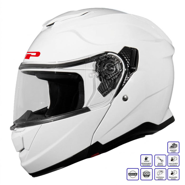 GP Kompozit MKS007-PW Flip-Up Motorcycle Helmet with Sun Visor & Clear Chin Guard – White