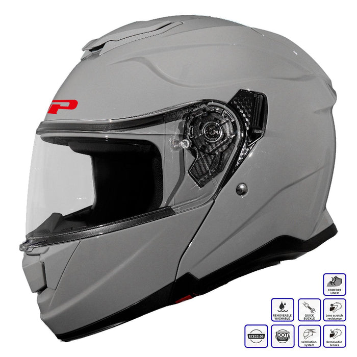 GP Kompozit MKS007-NG Flip-Up Motorcycle Helmet with Sun Visor & Clear Chin Guard – Nardo Gray