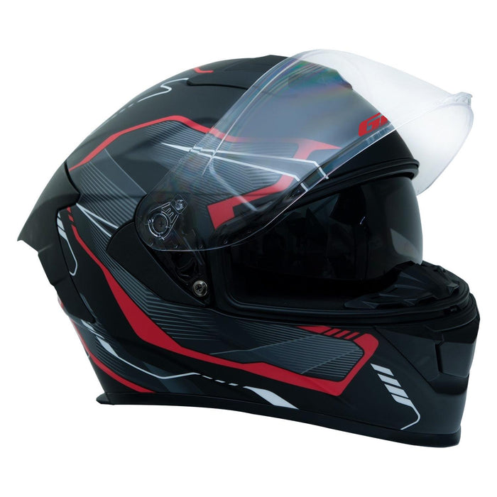 GP Kompozit MKS008-EBGR Racing Spoiler Full Face Motorcycle Helmet with Sun Visor & Clear Visor – Black Gray Red