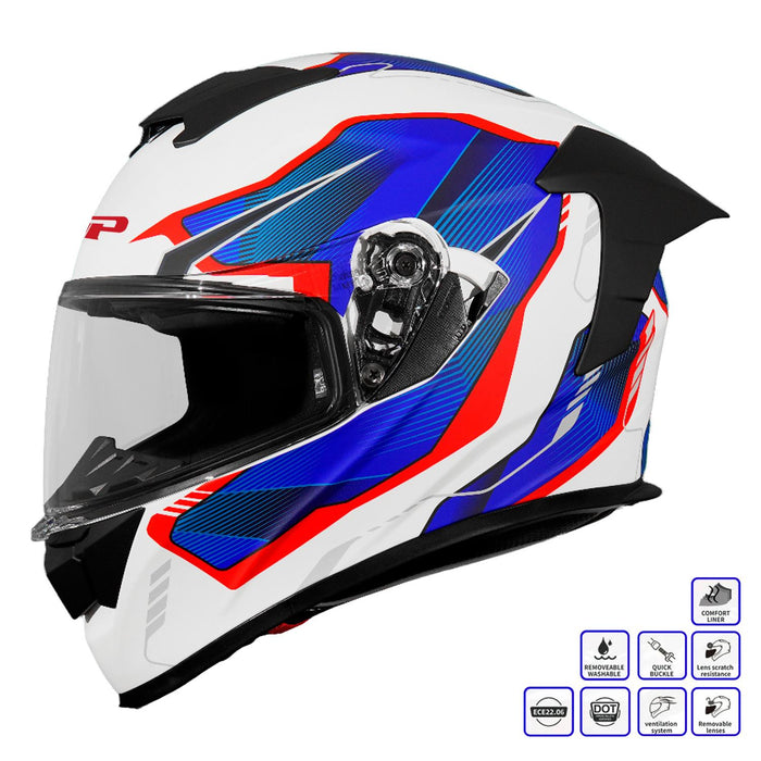 GP Kompozit MKS008-EWBR Racing Spoiler Full Face Motorcycle Helmet with Sun Visor & Clear Visor – White Blue Red