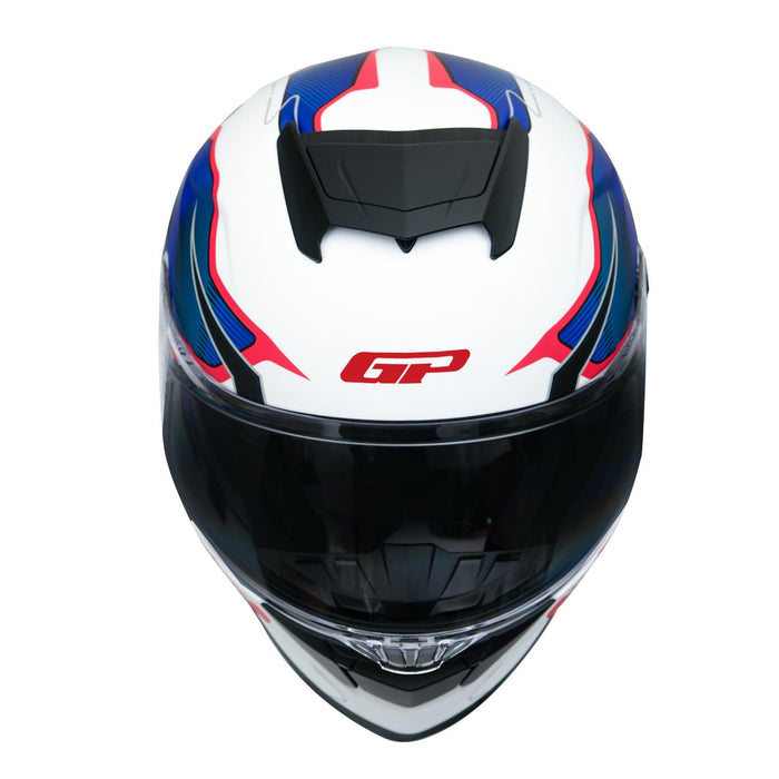 GP Kompozit MKS008-EWBR Racing Spoiler Full Face Motorcycle Helmet with Sun Visor & Clear Visor – White Blue Red