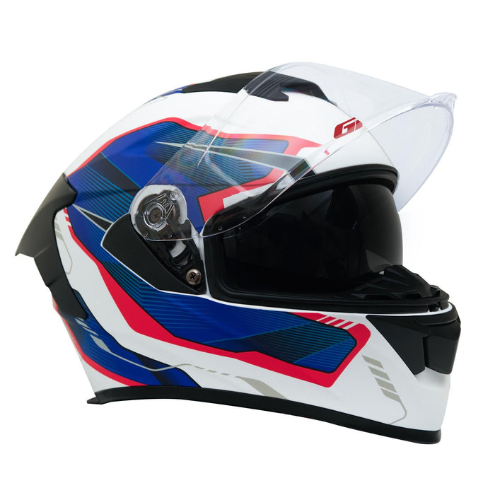 GP Kompozit MKS008-EWBR Racing Spoiler Full Face Motorcycle Helmet with Sun Visor & Clear Visor – White Blue Red