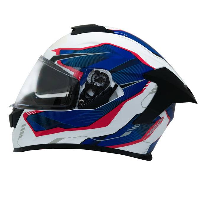 GP Kompozit MKS008-EWBR Racing Spoiler Full Face Motorcycle Helmet with Sun Visor & Clear Visor – White Blue Red