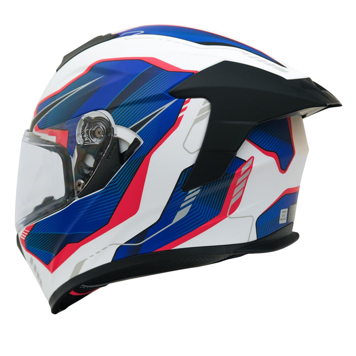 GP Kompozit MKS008-EWBR Racing Spoiler Full Face Motorcycle Helmet with Sun Visor & Clear Visor – White Blue Red