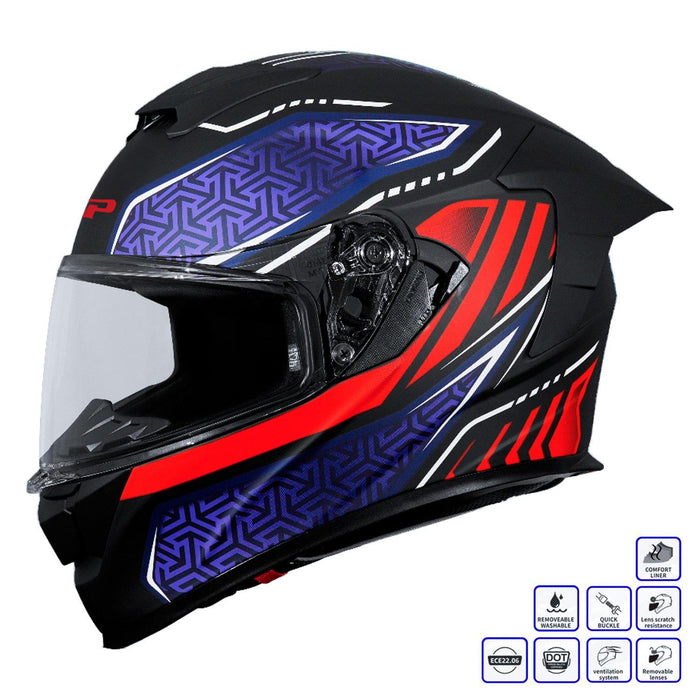 GP Kompozit MKS008-RBBR Racing Spoiler Full Face Motorcycle Helmet with Sun Visor & Clear Visor – Black Blue Red
