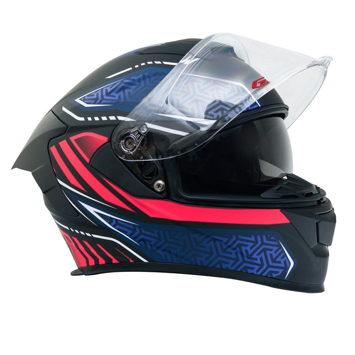 GP Kompozit MKS008-RBBR Racing Spoiler Full Face Motorcycle Helmet with Sun Visor & Clear Visor – Black Blue Red