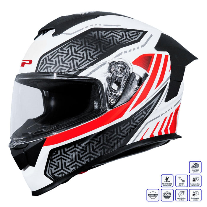 GP Kompozit MKS008-RWRB Racing Spoiler Full Face Motorcycle Helmet with Sun Visor & Clear Visor – White Red Black