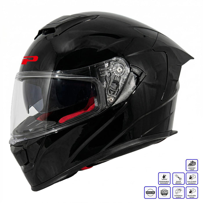 GP Kompozit MKS008-GB Racing Spoiler Full Face Motorcycle Helmet with Sun Visor & Clear Visor – Bright Black