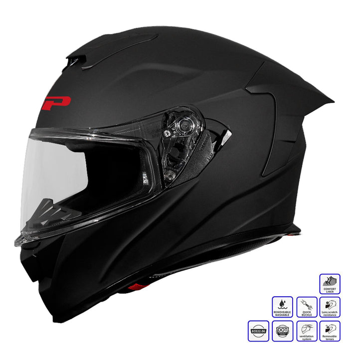 GP Kompozit MKS008-MB Racing Spoiler Full Face Motorcycle Helmet with Sun Visor & Clear Visor – Matte Black