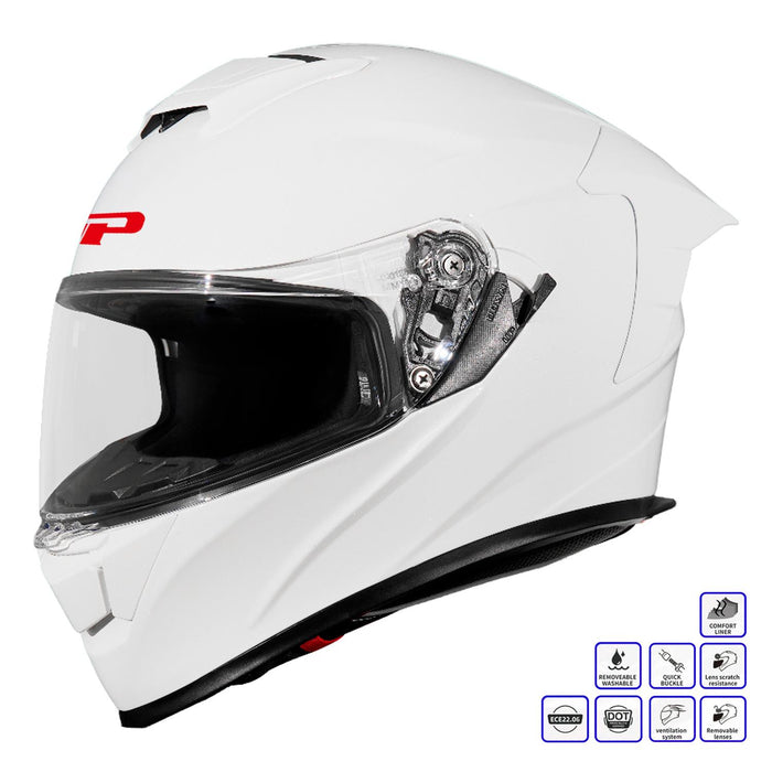 GP Kompozit MKS008-PW Racing Spoiler Full Face Motorcycle Helmet with Sun Visor & Clear Visor – Bright White