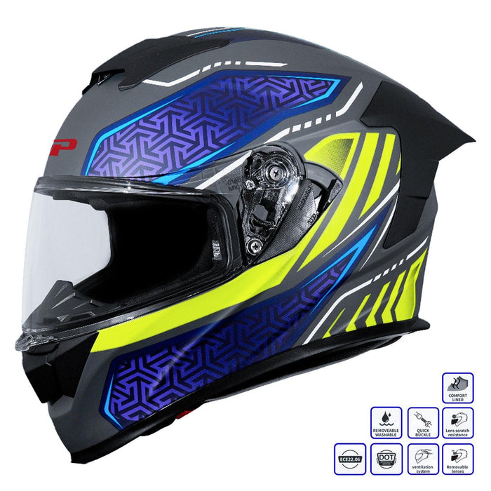 GP Kompozit MKS008-RGBY Racing Spoiler Full Face Motorcycle Helmet with Sun Visor & Clear Visor – Grey Blue Yellow