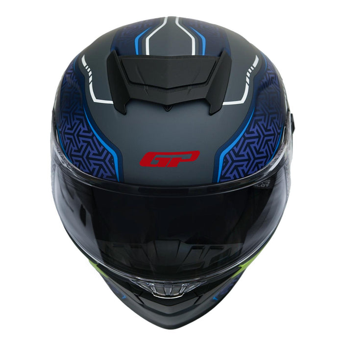 GP Kompozit MKS008-RGBY Racing Spoiler Full Face Motorcycle Helmet with Sun Visor & Clear Visor – Grey Blue Yellow