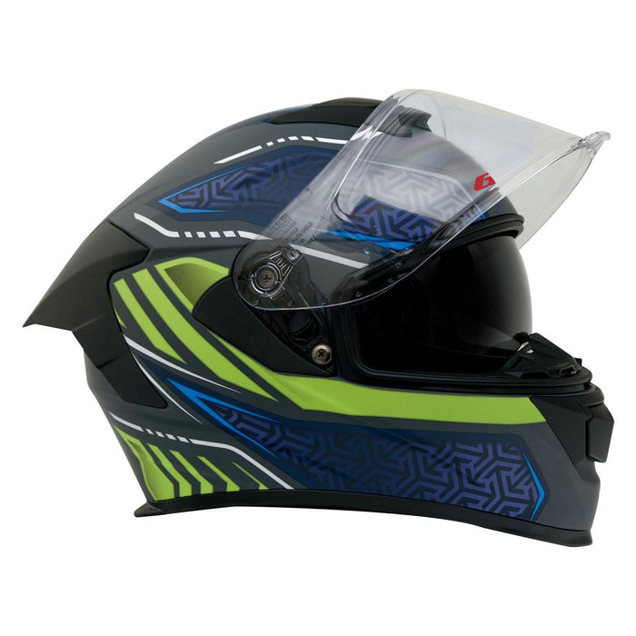 GP Kompozit MKS008-RGBY Racing Spoiler Full Face Motorcycle Helmet with Sun Visor & Clear Visor – Grey Blue Yellow
