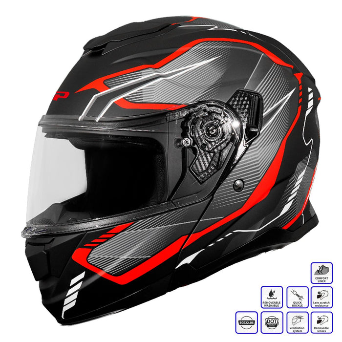 GP Kompozit MKS007-EBGR Flip-Up Motorcycle Helmet with Sun Visor & Clear Chin Guard – Black Gray Red