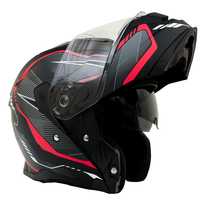 GP Kompozit MKS007-EBGR Flip-Up Motorcycle Helmet with Sun Visor & Clear Chin Guard – Black Gray Red