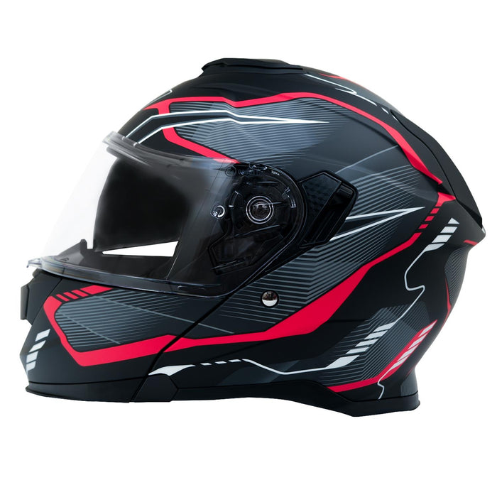 GP Kompozit MKS007-EBGR Flip-Up Motorcycle Helmet with Sun Visor & Clear Chin Guard – Black Gray Red