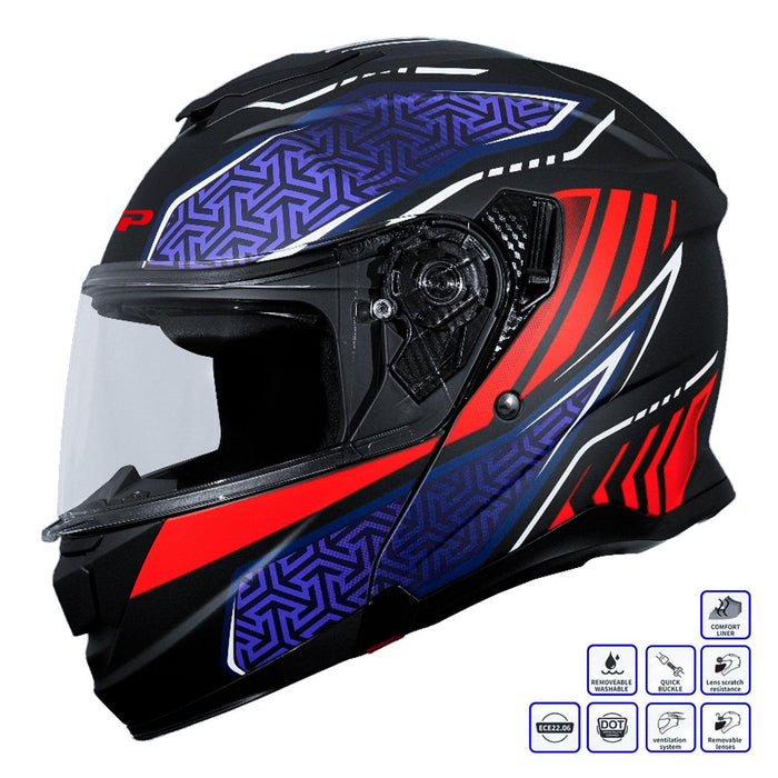 GP Kompozit MKS007-RBBR Flip-Up Motorcycle Helmet with Sun Visor & Clear Chin Guard – Black Blue Red