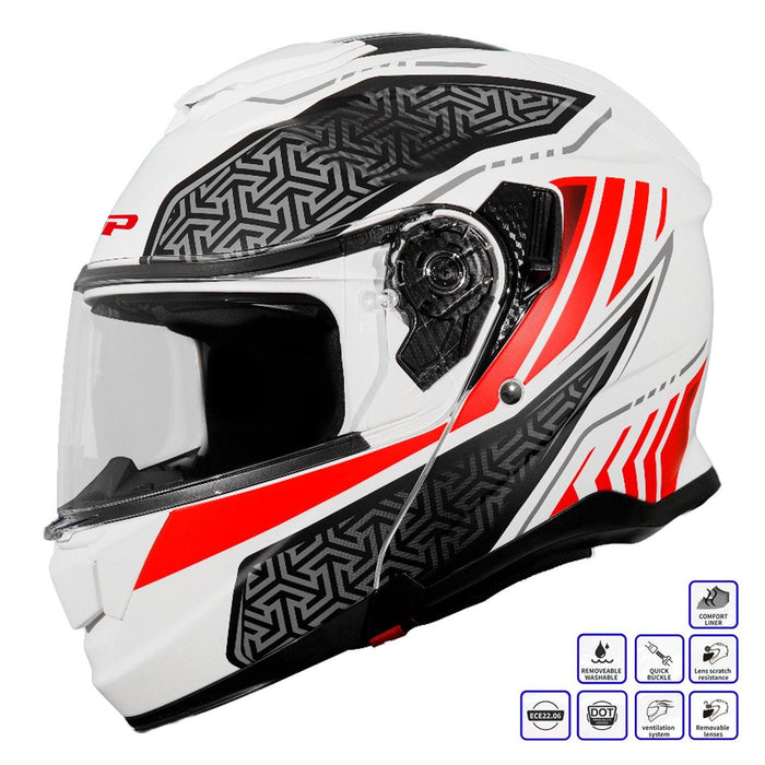 GP Kompozit MKS007-RWRB Flip-Up Motorcycle Helmet with Sun Visor & Clear Chin Guard – White Red Black