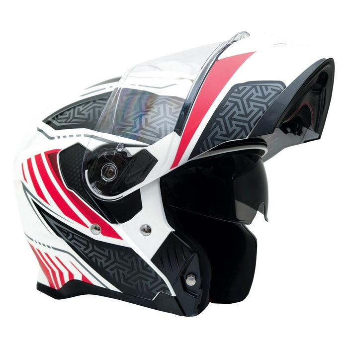 GP Kompozit MKS007-RWRB Flip-Up Motorcycle Helmet with Sun Visor & Clear Chin Guard – White Red Black