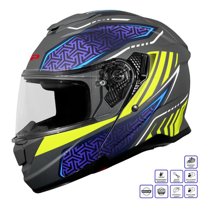 GP Kompozit MKS007-RGBY Flip-Up Motorcycle Helmet with Sun Visor & Clear Chin Guard – Gray Blue Yellow