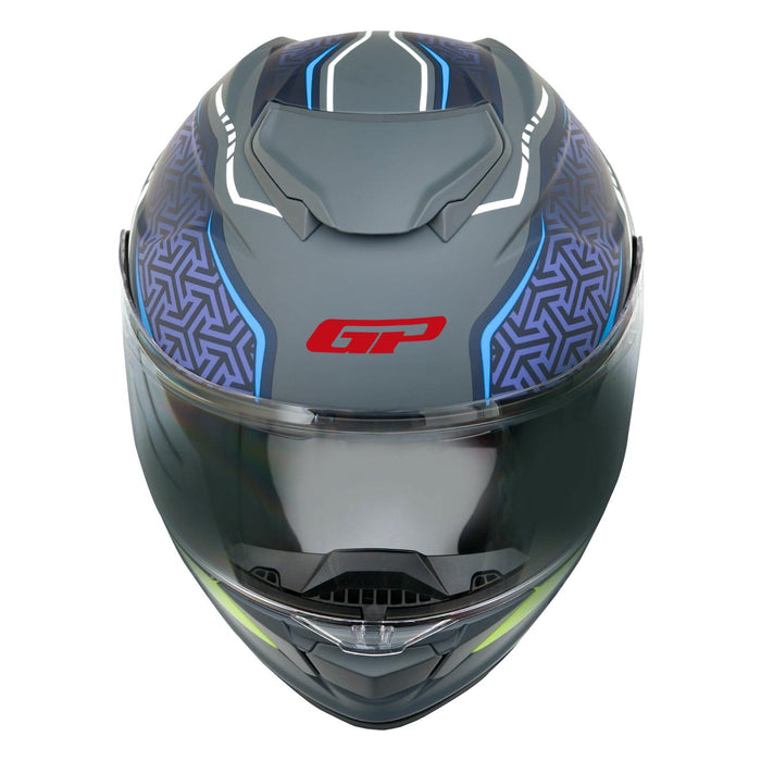 GP Kompozit MKS007-RGBY Flip-Up Motorcycle Helmet with Sun Visor & Clear Chin Guard – Gray Blue Yellow