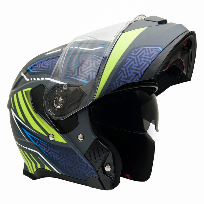 GP Kompozit MKS007-RGBY Flip-Up Motorcycle Helmet with Sun Visor & Clear Chin Guard – Gray Blue Yellow