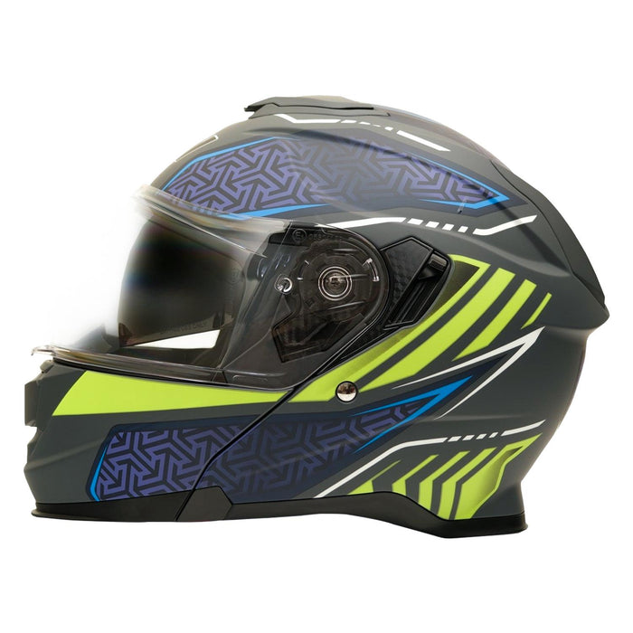 GP Kompozit MKS007-RGBY Flip-Up Motorcycle Helmet with Sun Visor & Clear Chin Guard – Gray Blue Yellow