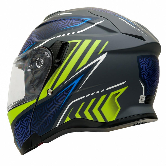 GP Kompozit MKS007-RGBY Flip-Up Motorcycle Helmet with Sun Visor & Clear Chin Guard – Gray Blue Yellow