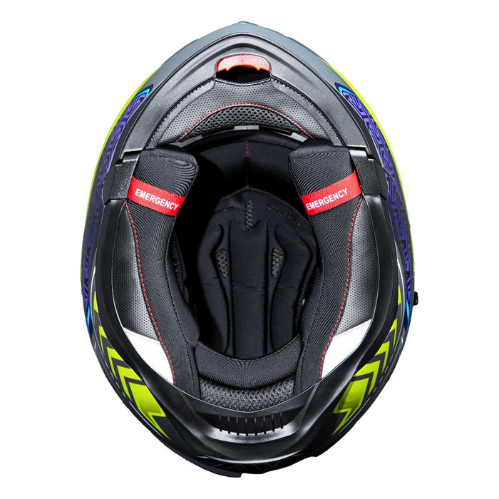 GP Kompozit MKS007-RGBY Flip-Up Motorcycle Helmet with Sun Visor & Clear Chin Guard – Gray Blue Yellow
