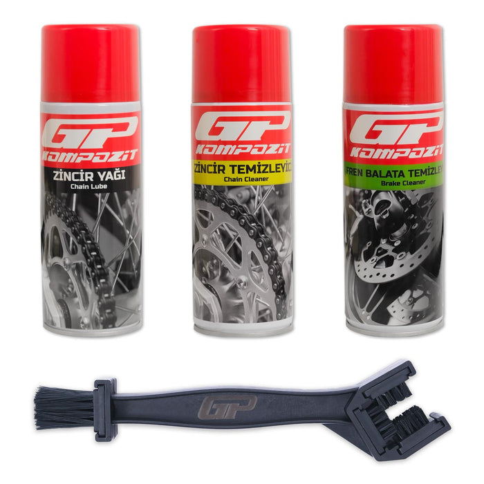 GP Kompozit BKM01 Motobike / Motorcycle Care Kit – Chain Cleaner Spray + Chain Lube Spray + Brake Cleaner Spray + Chain Cleaning Brush