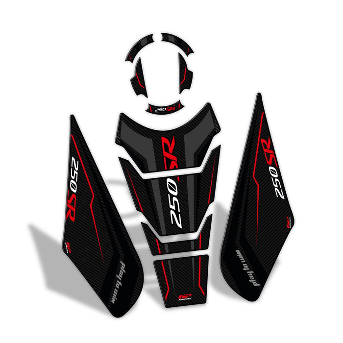 Juego de almohadillas de tanque GP Kompozit negro-rojo compatible con CFMOTO 250SR / 300SR 2023-2026