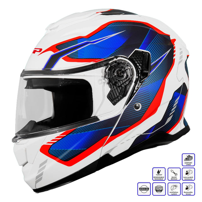 GP Kompozit MKS007-EWBR Flip-Up Motorcycle Helmet with Sun Visor & Clear Chin Guard – White

 Blue Red