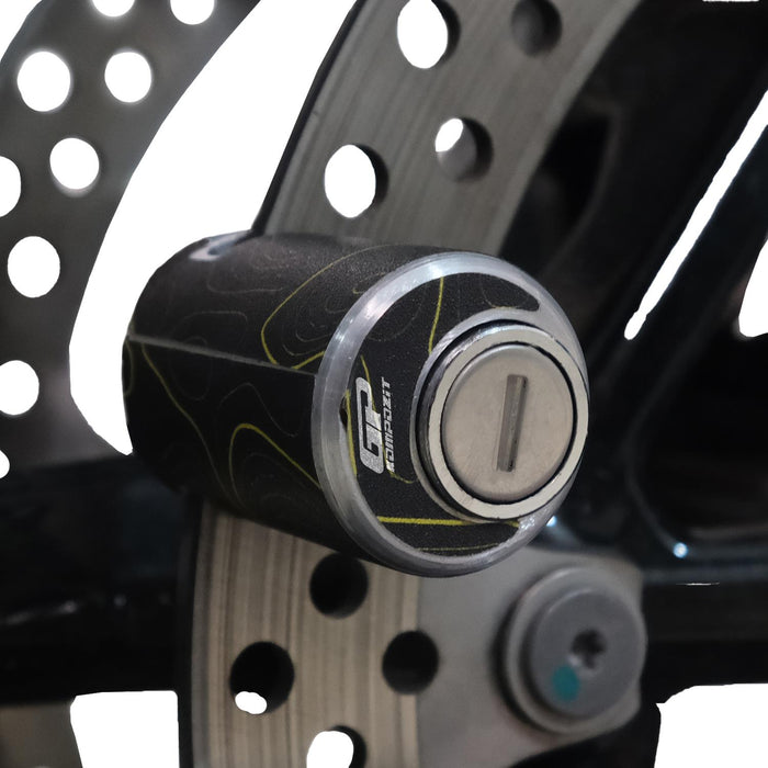 GP Kompozit para bloqueo de disco de motocicleta universal amarillo-negro, resistente a la intemperie y antirrobo